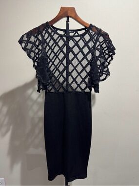 Codigo Black Sheer Grid Mesh Sleeve Bodycon Dress (Size S)